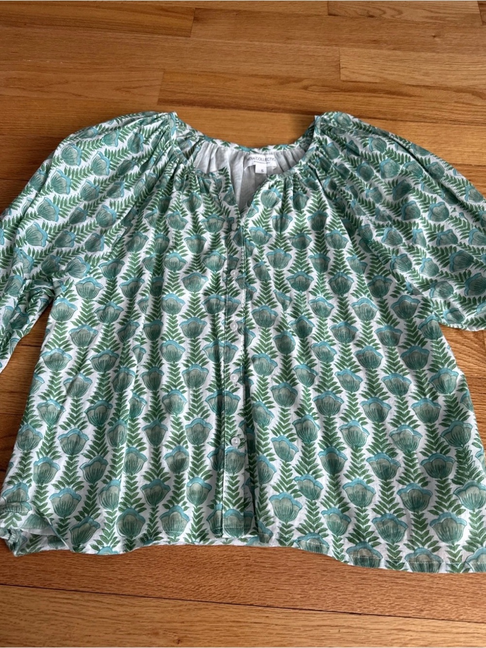 Emerson Fry Cream Blouse with Green & Teal Botanical Print